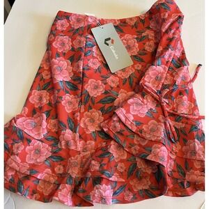 Cakulo Swimsuit Skirt Bottoms Women XS Red NEW Floral High Waisted Ruffle Skort